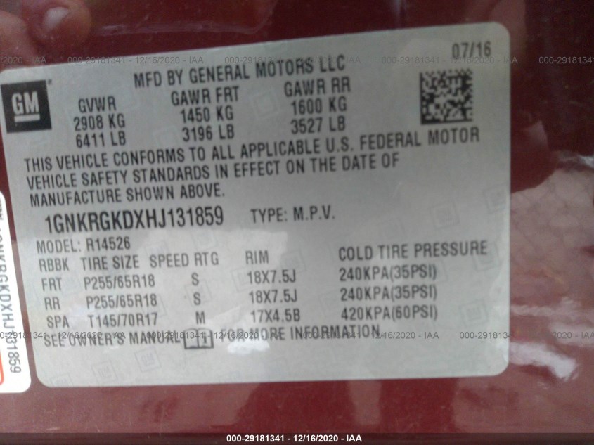 CHEVROLET TRAVERSE 1GNKRGKDXHJ131859