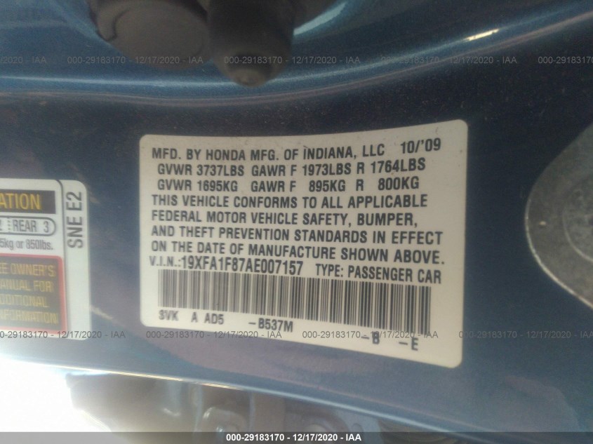HONDA CIVIC SDN 19XFA1F87AE007157