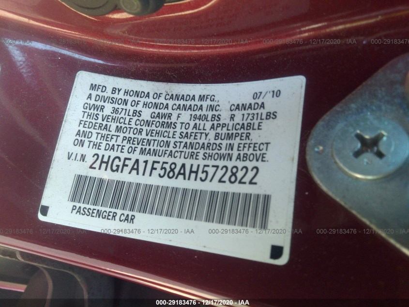 HONDA CIVIC SDN 2HGFA1F58AH572822