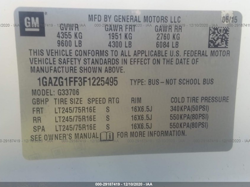 CHEVROLET EXPRESS PASSENGER 1GAZG1FF3F1225495