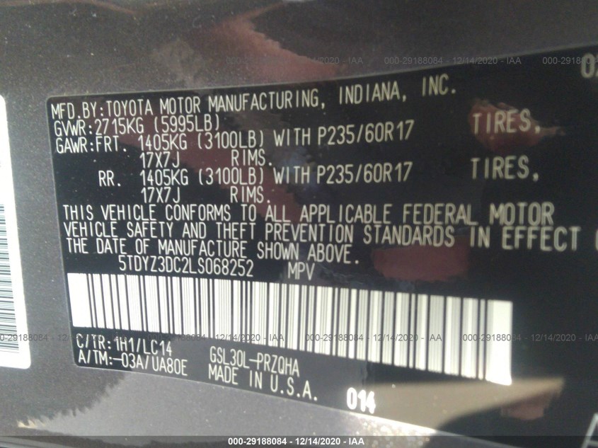 TOYOTA SIENNA 5TDYZ3DC2LS068252