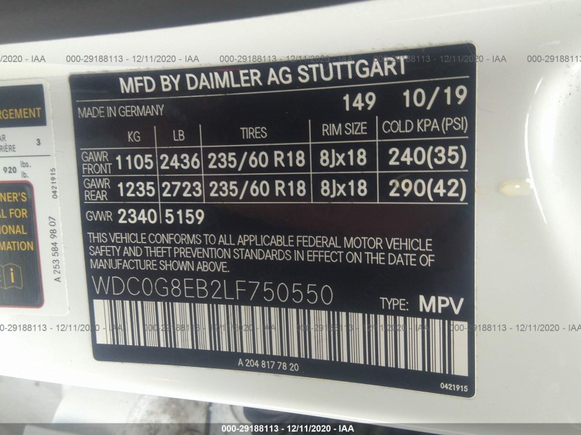 MERCEDES-BENZ GLC WDC0G8EB2LF750550