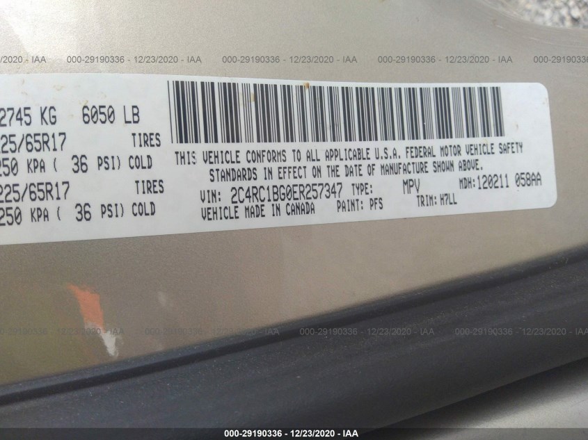CHRYSLER TOWN & COUNTRY 2C4RC1BG0ER257347
