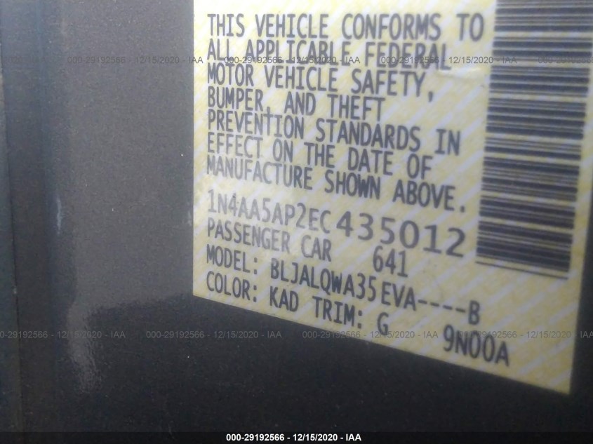 NISSAN MAXIMA 1N4AA5AP2EC435012
