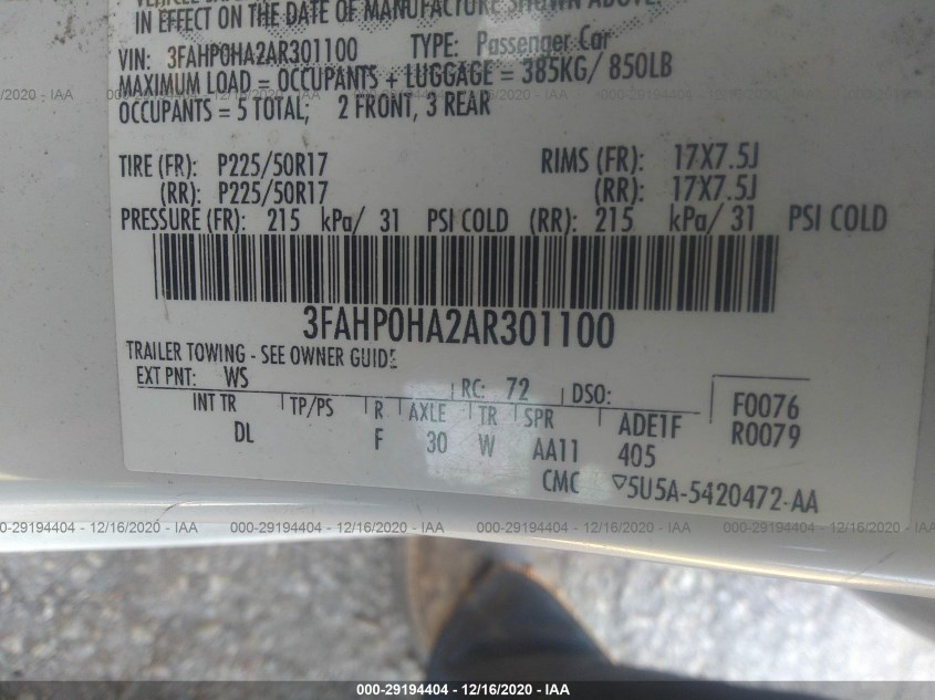 FORD FUSION 3FAHP0HA2AR301100