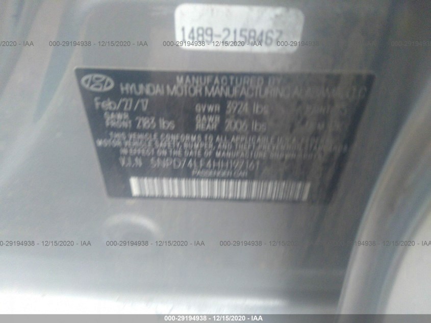 HYUNDAI ELANTRA 5NPD74LF4HH197161