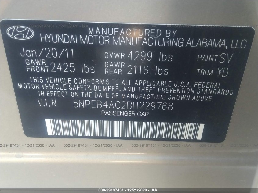 HYUNDAI SONATA 5NPEB4AC2BH229768
