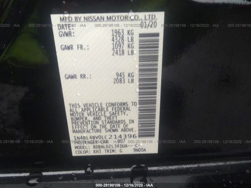 NISSAN ALTIMA 1N4BL4BV0LC214396