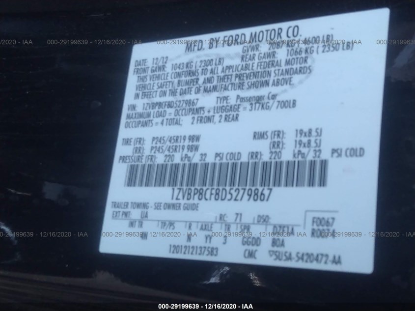 FORD MUSTANG 1ZVBP8CF8D5279867