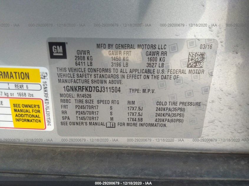 CHEVROLET TRAVERSE 1GNKRFKD7GJ311504
