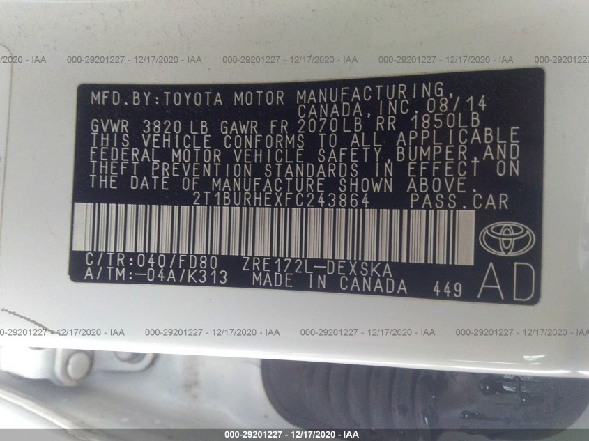 TOYOTA COROLLA 2T1BURHEXFC243864