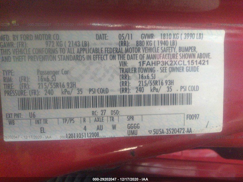 FORD FOCUS 1FAHP3K2XCL151421