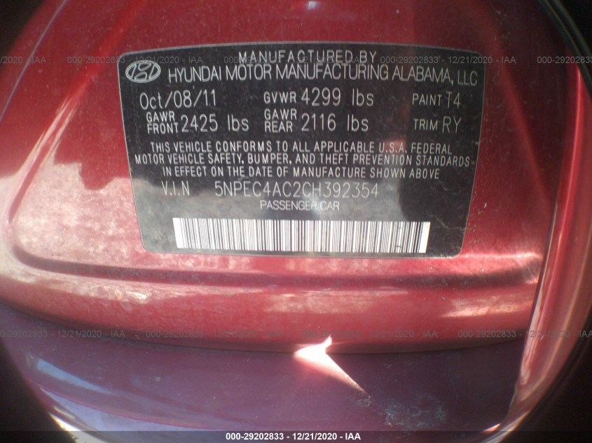 HYUNDAI SONATA 5NPEC4AC2CH392354