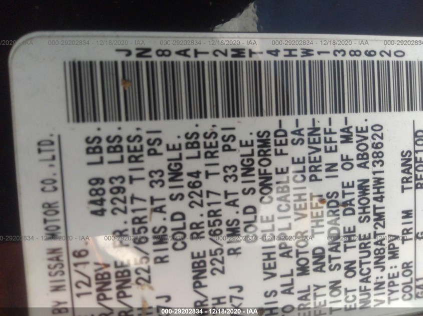 NISSAN ROGUE JN8AT2MT4HW138620