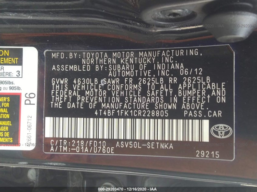 TOYOTA CAMRY 4T4BF1FK1CR228805