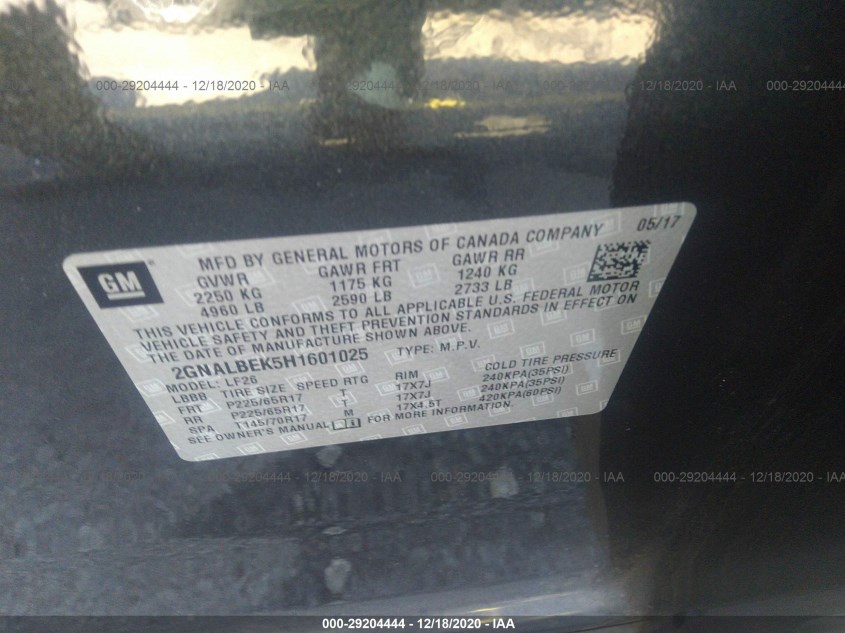 CHEVROLET EQUINOX 2GNALBEK5H1601025