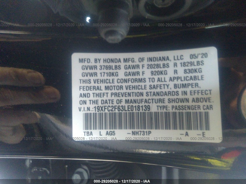HONDA CIVIC SEDAN 19XFC2F63LE018139