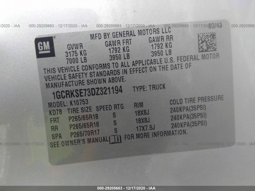 CHEVROLET SILVERADO 1500 1GCRKSE73DZ321194