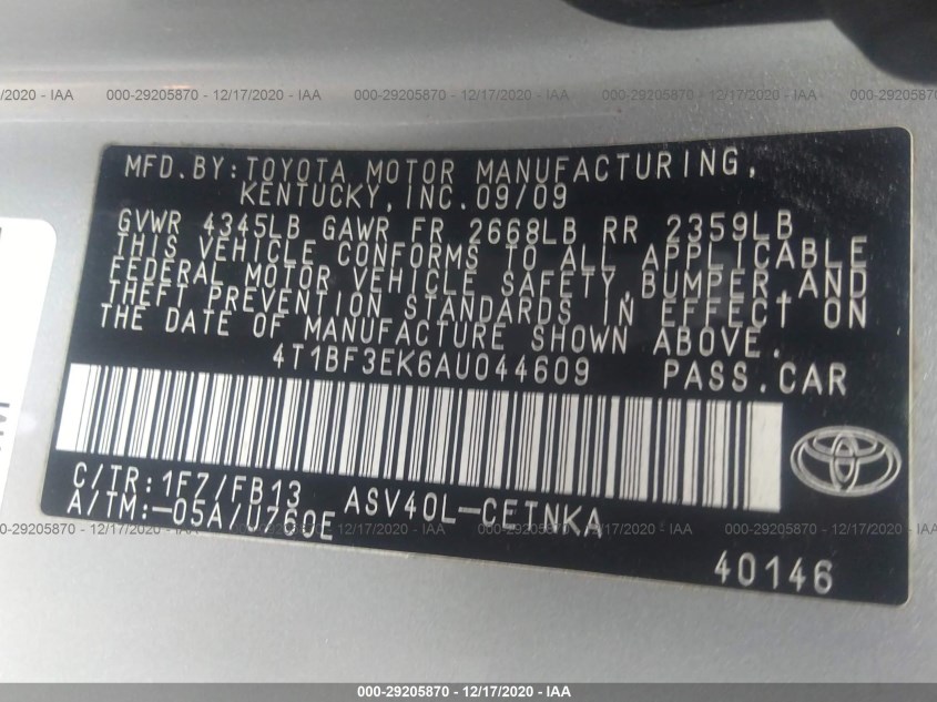 TOYOTA CAMRY 4T1BF3EK6AU044609