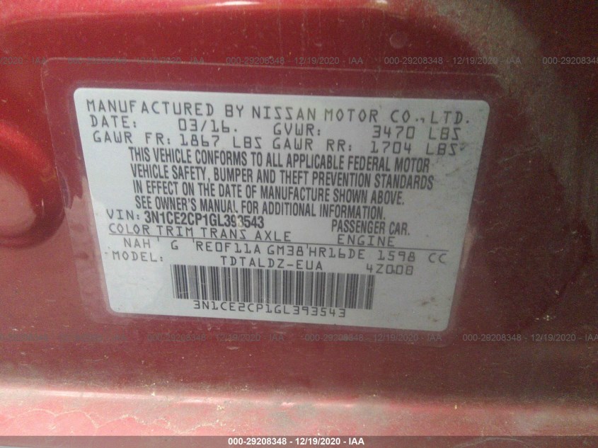 NISSAN VERSA NOTE 3N1CE2CP1GL393543