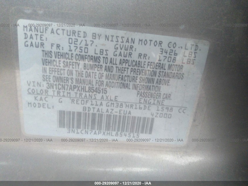 NISSAN VERSA SEDAN 3N1CN7APXHL854515