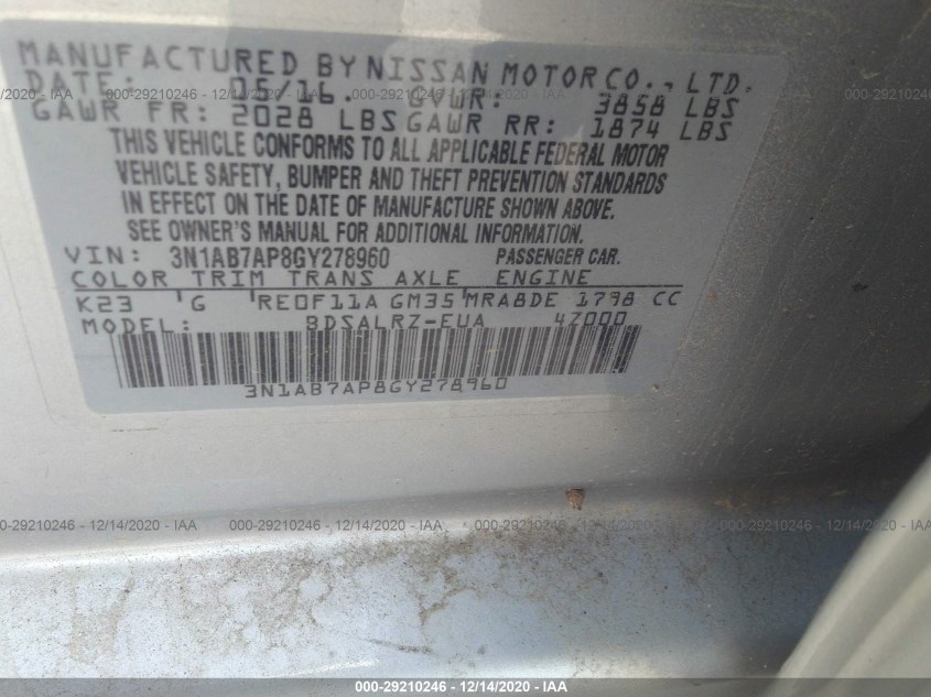 NISSAN SENTRA 3N1AB7AP8GY278960