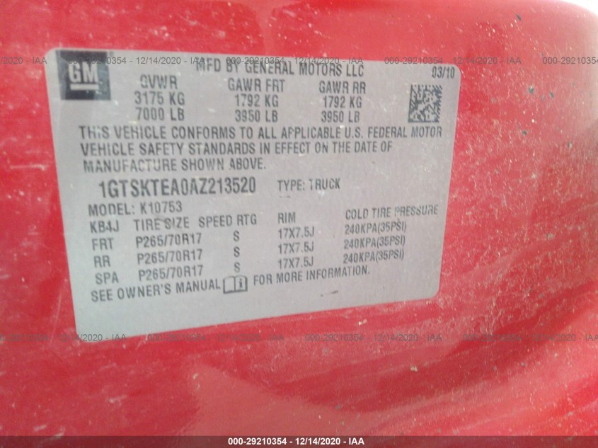 GMC SIERRA 1500 1GTSKTEA0AZ213520