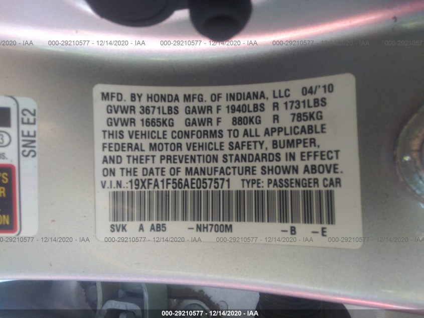 HONDA CIVIC SDN 19XFA1F56AE057571