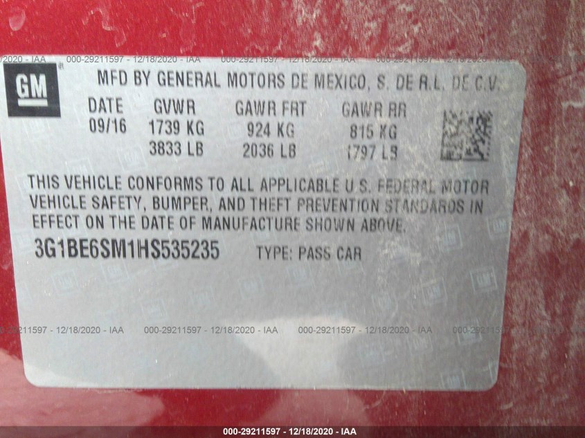 CHEVROLET CRUZE 3G1BE6SM1HS535235