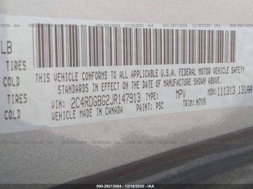 DODGE GRAND CARAVAN 2C4RDGBG2JR147913