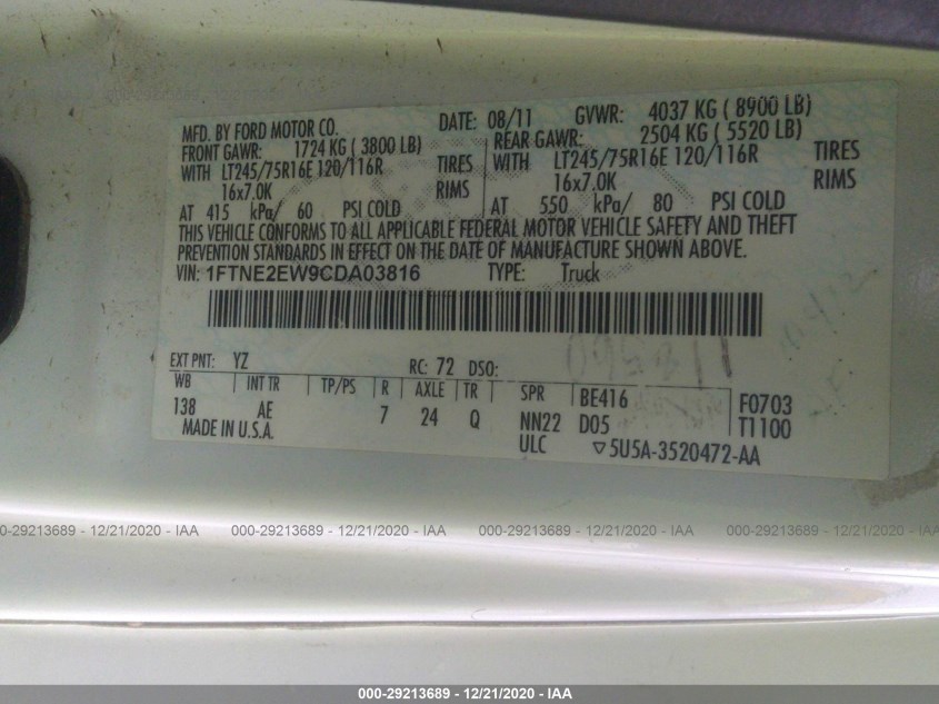 FORD ECONOLINE CARGO VAN 1FTNE2EW9CDA03816