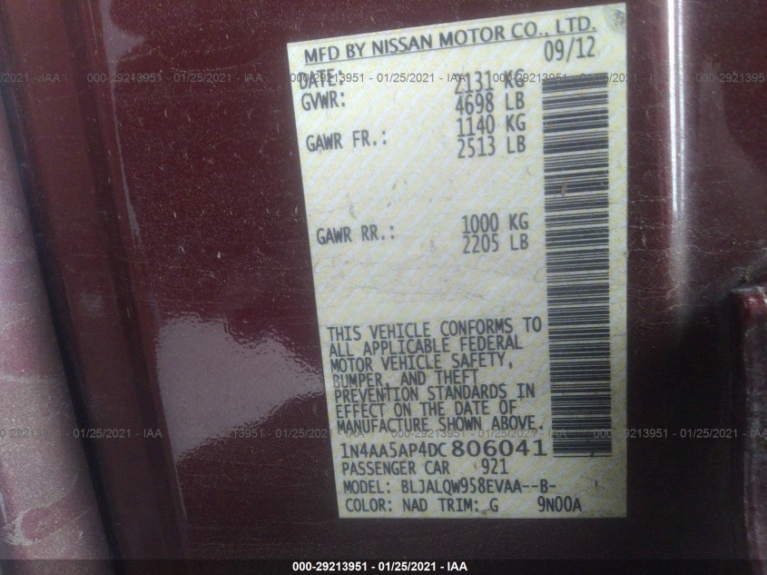 NISSAN MAXIMA 1N4AA5AP4DC806041