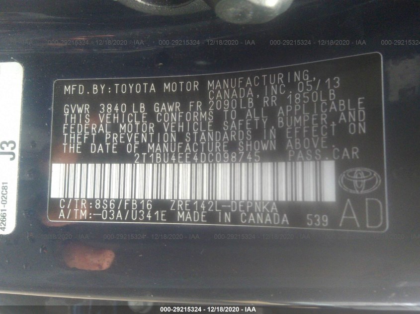 TOYOTA COROLLA 2T1BU4EE4DC098745