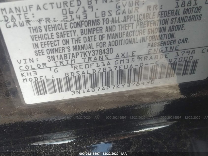 NISSAN SENTRA 3N1AB7AP7KY378430