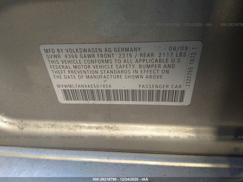 VOLKSWAGEN CC WVWML7AN9AE501856