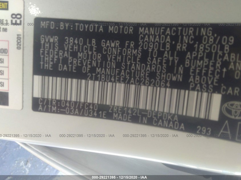 TOYOTA COROLLA 2T1BU4EE7AC262064
