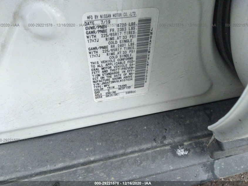 NISSAN ROGUE JN8AT2MV9LW107034