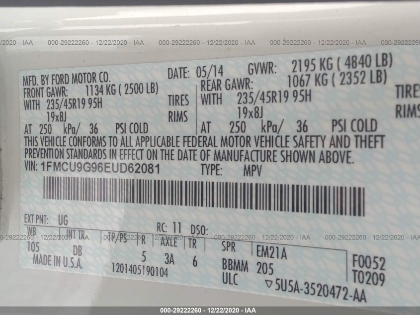 FORD ESCAPE 1FMCU9G96EUD62081