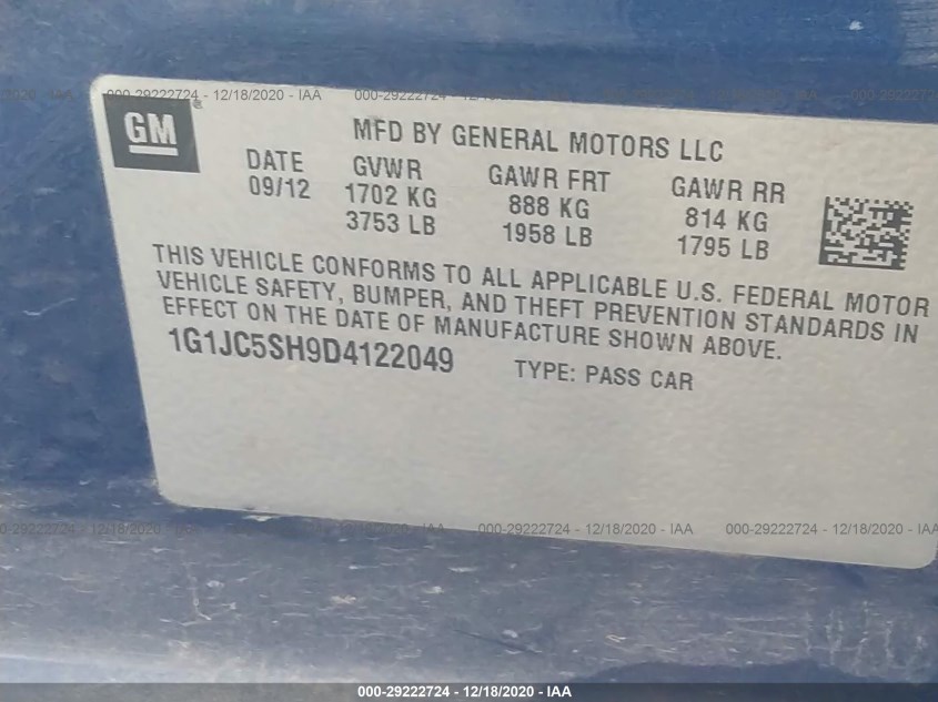 CHEVROLET SONIC 1G1JC5SH9D4122049