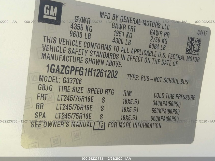 CHEVROLET EXPRESS PASSENGER 1GAZGPFG1H1261202