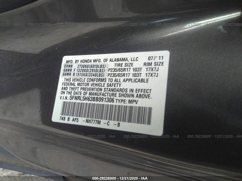 HONDA ODYSSEY 5FNRL5H63BB091306