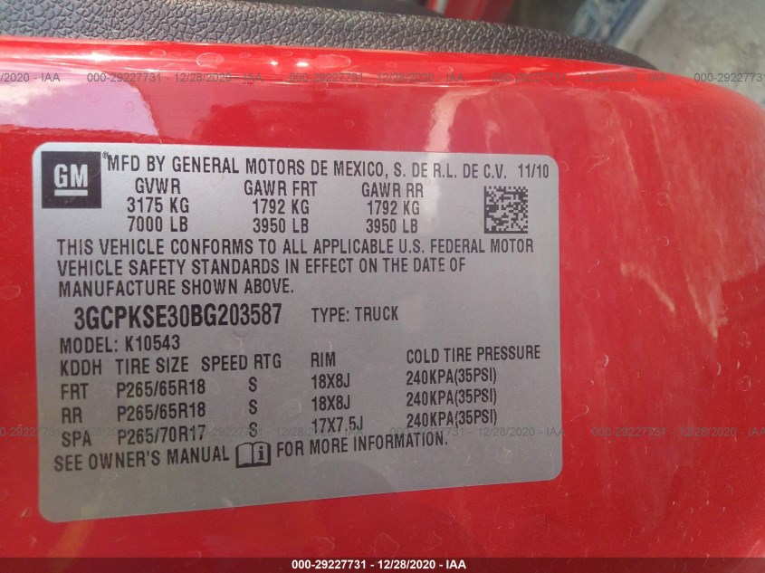 CHEVROLET SILVERADO 1500 3GCPKSE30BG203587