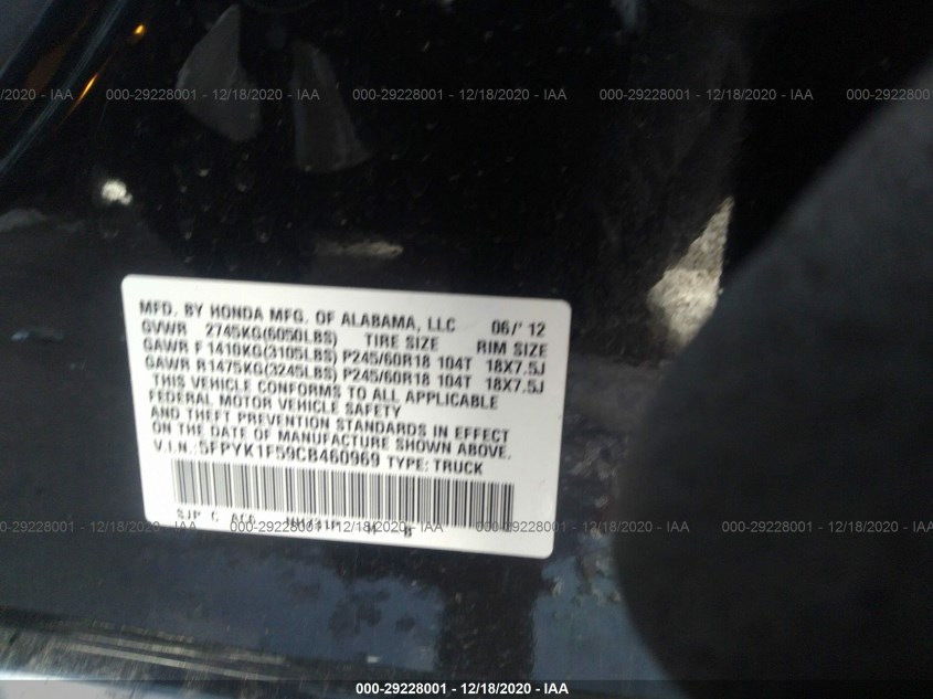 HONDA RIDGELINE 5FPYK1F59CB460969