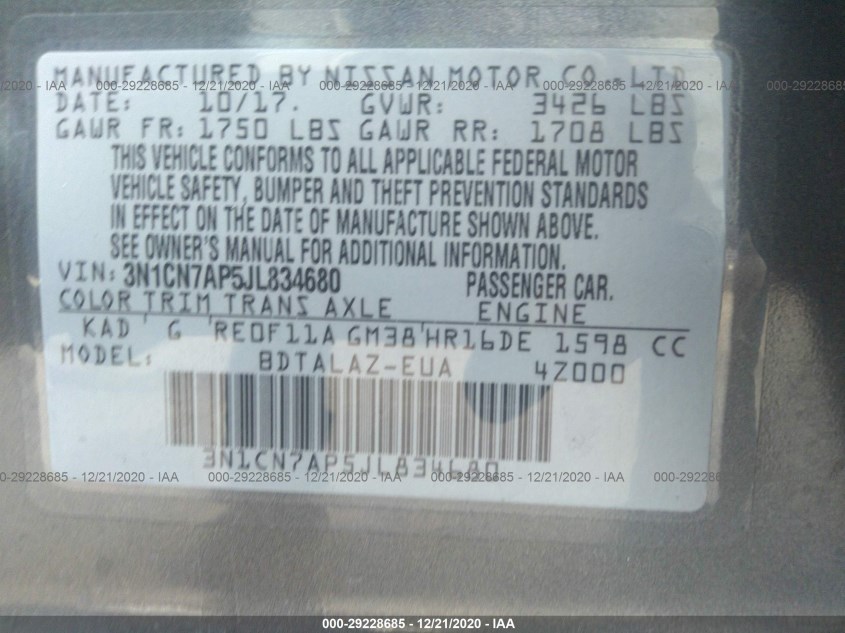 NISSAN VERSA SEDAN 3N1CN7AP5JL834680