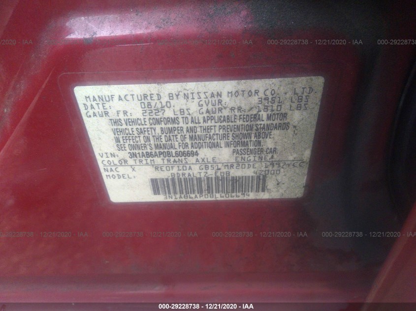 NISSAN SENTRA 3N1AB6AP0BL606694