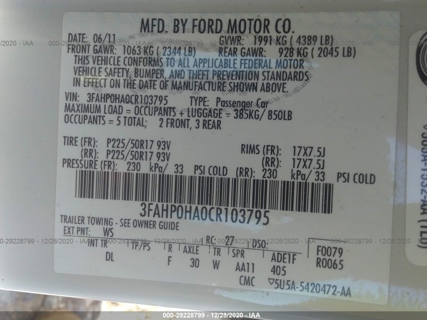 FORD FUSION 3FAHP0HA0CR103795