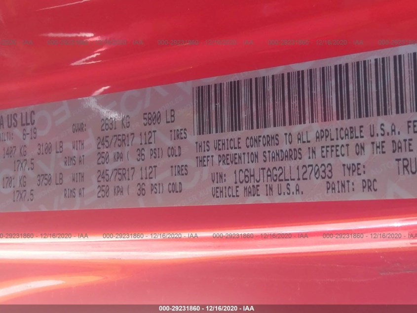 JEEP GLADIATOR 1C6HJTAG2LL127033