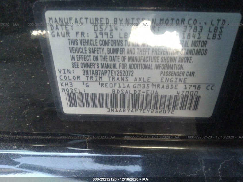 NISSAN SENTRA 3N1AB7AP7EY252072