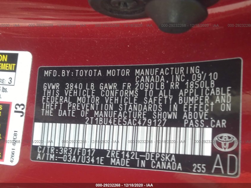 TOYOTA COROLLA 2T1BU4EE5AC479127