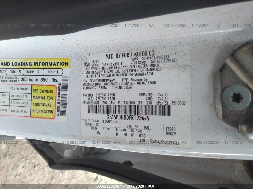 FORD FUSION 3FA6P0HD0FR193679